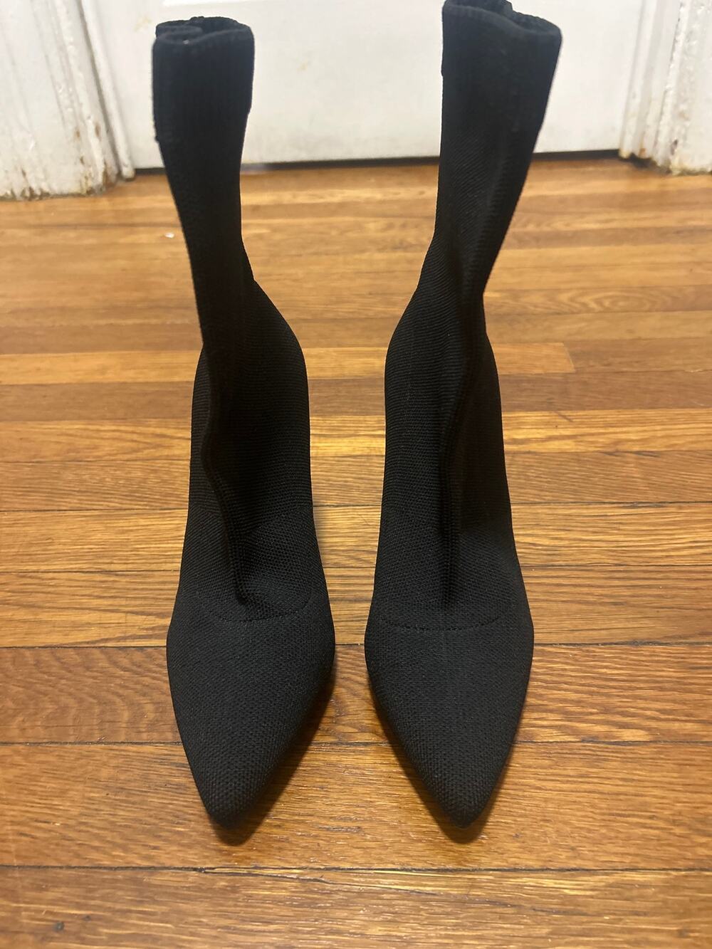 Cuccoo Black Knit Pointed Toe Stretch Knit Sock 3.5 Inch Block Heels Boots 7M